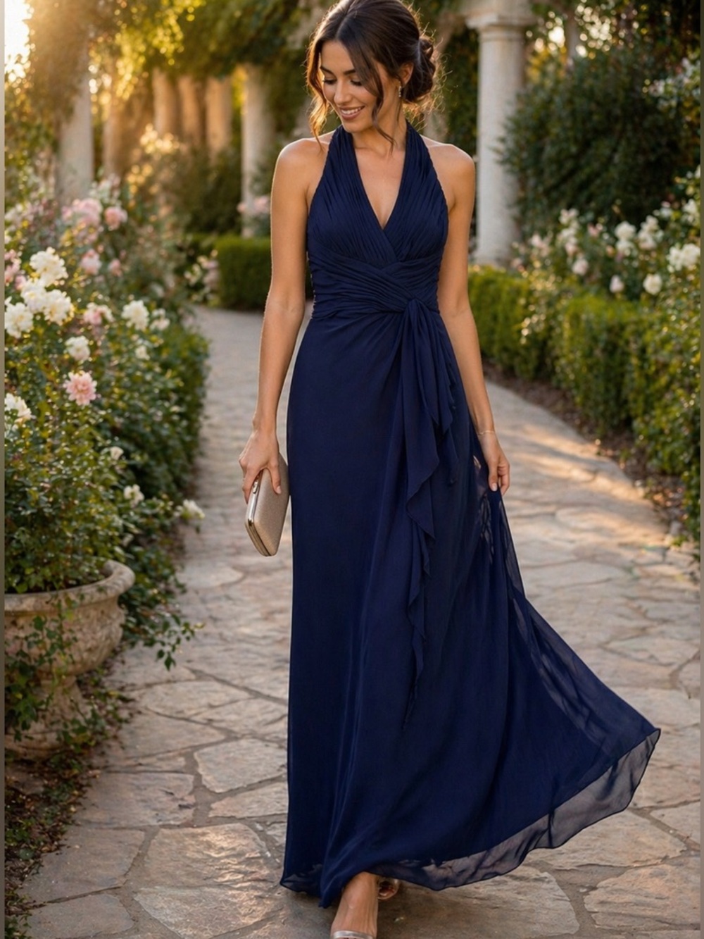 David’s Bridal Navy Chiffon Halter Bridesmaid Dress Size 0 Pleated Maxi Formal
